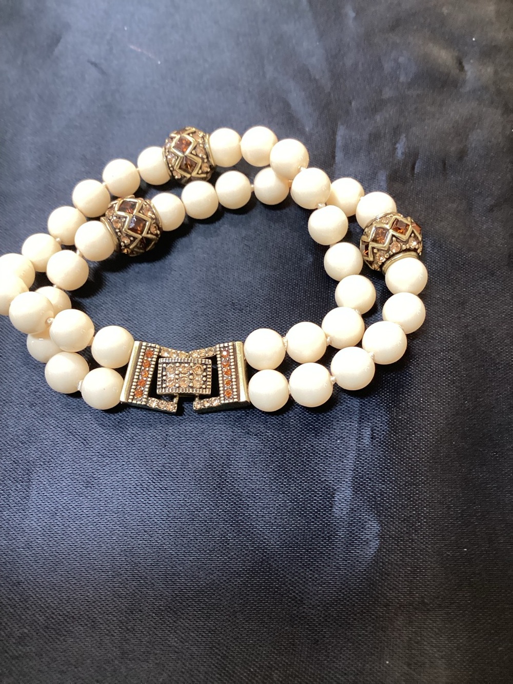 Vintage cream beaded gold tone Rhinestone statement bracelet.